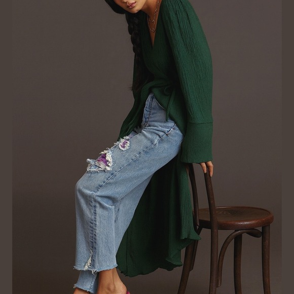 Savannah Morrow Sky Wrap Midi Maxi Dress Long Sleeve Green Crinkle Bamboo Silk - Picture 9 of 10